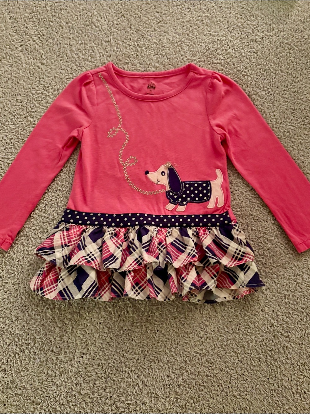 Kids Headquarters Pink Long Sleeve Top with Dog Applique and Plaid Ruffle Hem
